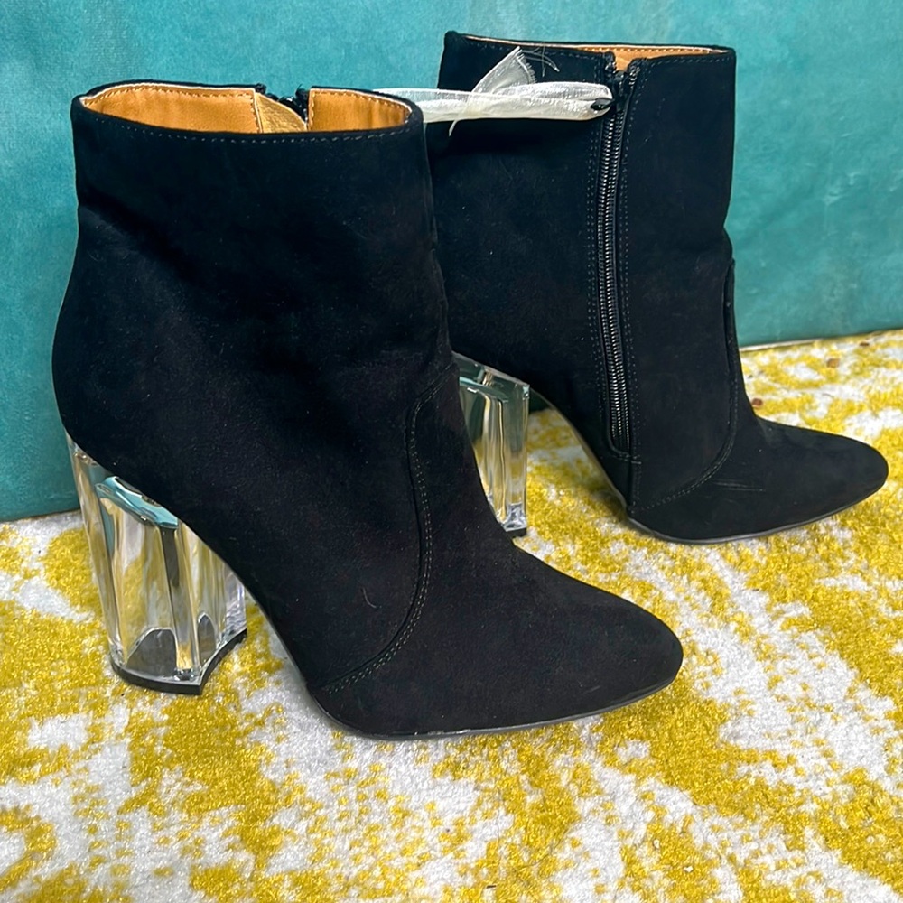 Qupid Lucite Heel Faux Suede Black Ankle Boots